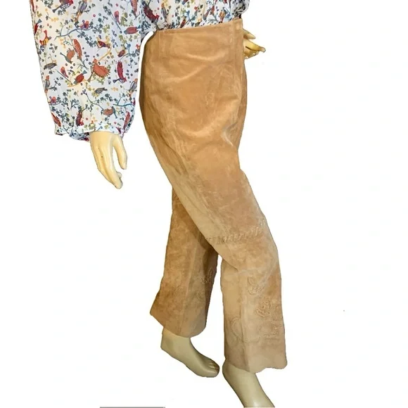 MARGARET GODFREY TAN SUEDE WHIP STITCH W/FLORAL DESIGN FLARE LEG PANTS (10) - Picture 2 of 14
